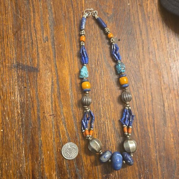 Old vintage silver, turquoise lapis necklace - Picture 1 of 8